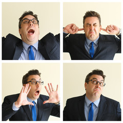 Crazy businessman portrait set with different gestures and facial expressions. Excited, shocked, annoyed man studio shot collage. Multiscreen montage, split screen collage. Emotions concept