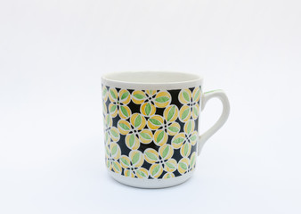 Midcentury modern design porcelain mug - retro flower pattern porcelain - isolated, white background