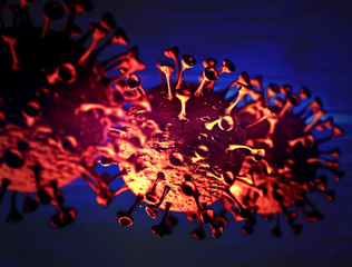 Plakat 3D-Illustration Closeup of a SARS coronavirus cell that affects humans, making sick symptoms cough, runny nose, pneumonia forms of disease. Pandemic broke out in Wuhan, China spreading worldwide.