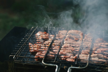 Meat with smoke on a barbecue grill over charcoal. Grilled cubes of meat on metal skewer. Meat on skewers is roasted on fire.