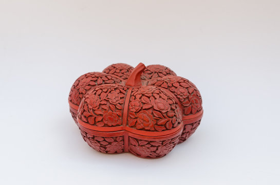 Old pumpkin shape cinnabar box from China - isolated on white background