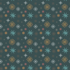 Multi-colored snowflakes hand-held seamless square texture textural digital art on a green background. Print for wrapping paper, cards, banners, posters, web, fabrics, invitations.