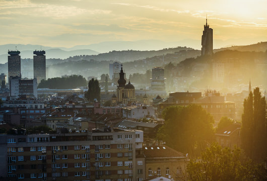 Evening view of Sarajevo with modern building called Avaz Twist Tower, Bosnia and Herzegovina