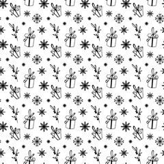 Snowflakes and gift box hand drawn square doodle seamless contour digital art seamless pattern on white background. Print for wrapping paper, cards, banners, posters, web, fabrics, invitations.