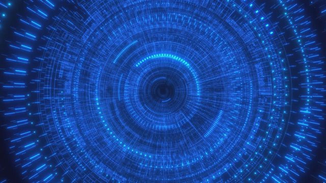 Looped animation. Abstract background. Moving through hyperspace with bright circles in blue color on black backdrop. Modern colorful wallpaper. 3d rendering.