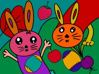 Hand drawn rabbit eggs and fruit art line colorful cartoons in happy Easter Day concept pattern 