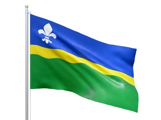 Flevoland (province of the Netherlands) flag waving on white background, close up, isolated. 3D render