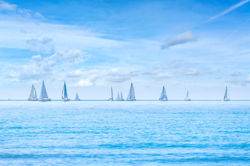 Sailing boat yacht regatta race on sea or ocean water - obrazy, fototapety, plakaty