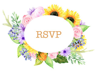 Sunflower plant foliage berry blossom leaves abstract watercolor colorful hand drawn  party wreath bouquet for invitation card