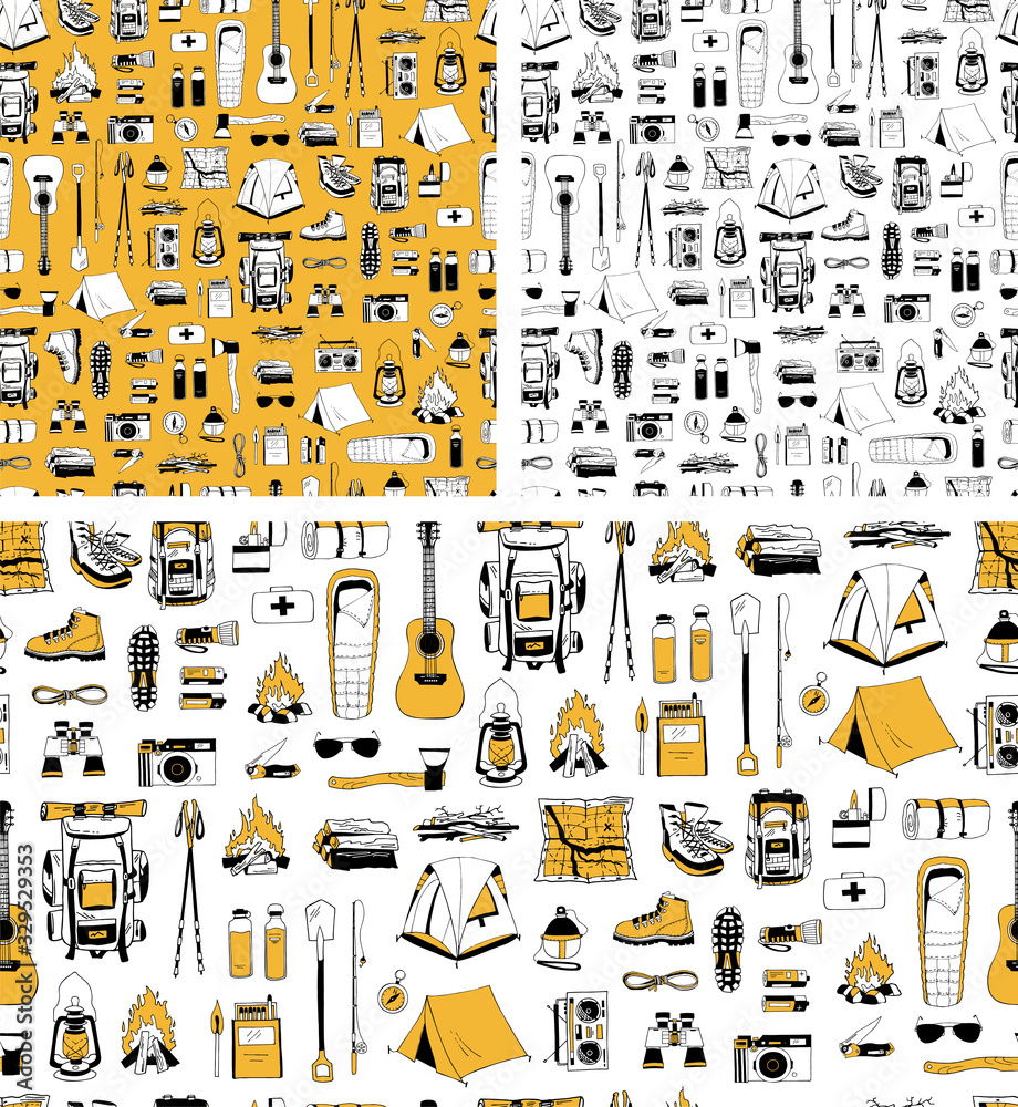 Wall mural set of positive endless textures. vector seamless patterns with isolated elements in yellow, white, 