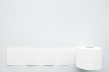 Soft, white toilet paper roll on light gray background. Hygiene concept. Empty place for text,...