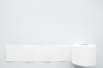 Soft, white toilet paper roll on light gray background. Hygiene concept. Empty place for text, object or logo. Close up.