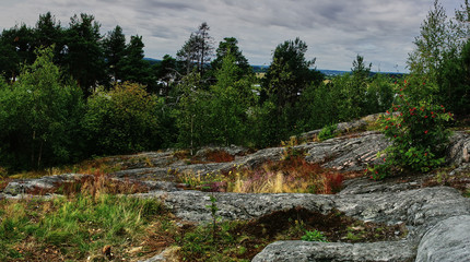 Panoramic view of the city of Sortavala from a hill in a city park: a forest of conifers, traces of volcanic lava, rocks and volcanic rocks. Russia,Karelia,Sortavala.Panorama of the city from a height