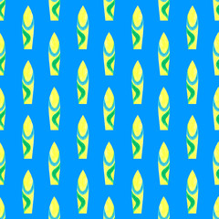 Obraz na płótnie Canvas Hand-drawn yellow watercolor surfboard decorated with blue and green wavy line seamless pattern isolated on blue background. Extreme sport object endless print for your design.