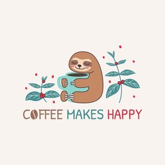 Cute Sloth Holding Cup Coffee With Floral © boex