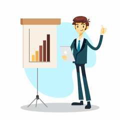 businessman cartoon character with thumbs up during presentation pose