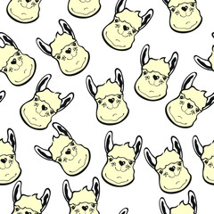 Vector seamless pattern of cute animals llamas. Smiling faces of cute animals. Pattern for printing on textiles, packaging, wallpaper, paper.
