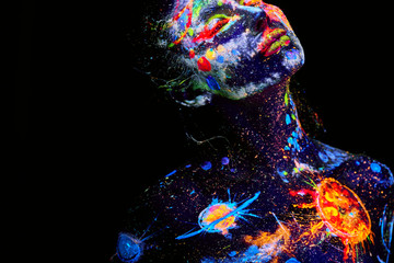 Fototapeta UV painting of a universe on a female body portrait obraz