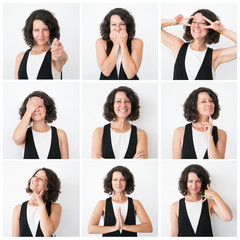 Positive middle aged woman portrait set with different hand gestures and emotions. Curly haired...