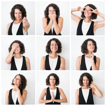 Positive middle aged woman portrait set with different hand gestures and emotions. Curly haired lady in casual studio shot collage. Multiscreen montage, split screen collage. Emotions concept