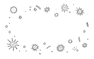 Background, frame with Virus. The Molecule viral bacteria infection. Coronavirus. Contour doodle outline hand drawn
