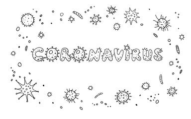 Coronavirus, Virus. Outline contour lettering doodle handwritten black and white