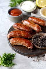 Homemade turkey (chicken) sausages with different sauces