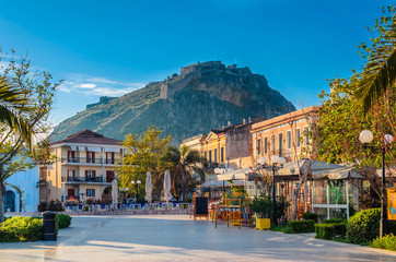 Nafplio Greece- Philellinon square-The historic square of the city located in the old town.The...