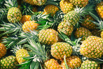 Fresh ripe pineapples as a background. Market in Dominican Republic