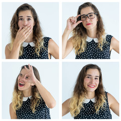 Curly haired student portrait set with different gestures and facial expressions. Surprised,...