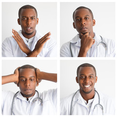 Afro American male doctor portrait set with different gestures and facial expressions. Happy,...