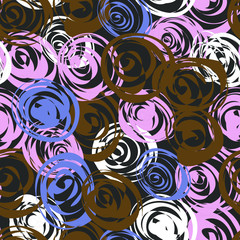 abstract pink roses with blue and brown drawn on a dark background, vector, vintage seamless pattern