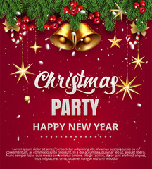Invitation merry christmas party poster banner and card design template. Happy holiday and new year jingle bell,fir tree branch stars, candy cane with bow in red background concept.