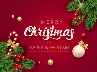 Merry Christmas Happy New Year Typographical card  banner with  elements border frame with season realistic looking christmas fir tree branch decorated with red berries, stars and candy cane with bow