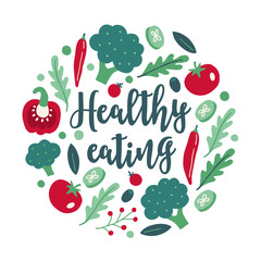 Card with pepper, tomato, cucumber slices, arugula, paprika, leaves, broccoli