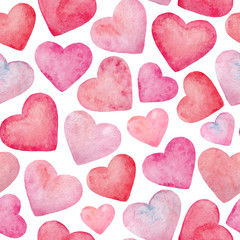 Seamless pattern with watercolor red hearts