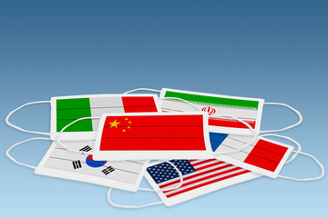 medical mask anti coronavirus with flag of china iran italy korea france usa united states of america against blue background Global worldwide COVID-19 cases of virus disease 3D illustration