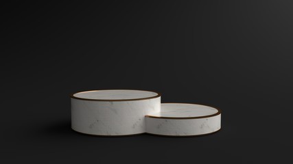 Round marble Pedestal, Podium for display product on the Black floor. Pedestal can be used for commercial advertising, Isolated on black background, Minimalist Black, illustration, 3D rendering.