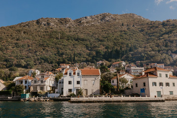 Fototapeta na wymiar 9 Nov 2018 Beautiful sea promenade in Tivat, Montenegro. Kotor bay, Adriatic sea. Famous travel destination. - Image