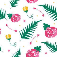 Juicy spring floral pattern with roses and leaves. Ideal for use as a print on fabrics, clothes, dresses, wallpapers, invitations, wrapping paper, postcards and more