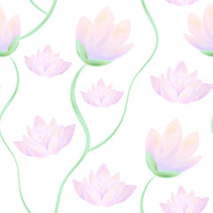 Seamless floral pattern. Vector image of a lotus in a watercolor style. Flowers isolated on a white background.