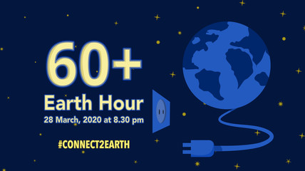 60+ Earth hour on March 28, 2020 concept :  Switch off the light for 1 hour. Voice for the planet concept. turning off the light of the world by unplugging. Vector illustration, flat design