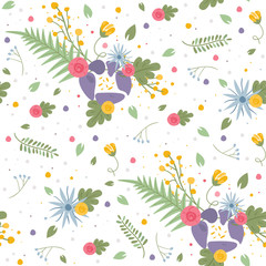 Trendy seamless colorful floral pattern with flowers. Ideal for use as a print on fabrics, clothes, dresses, wallpapers, invitations, wrapping paper, postcards and more