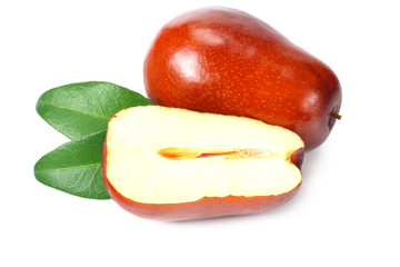 fresh date fruit with sleces and leaves isolated on white background.