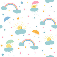 Fototapeta na wymiar sun rainbow clouds umbrella stars, seamless background, vector illustration, cartoon pattern