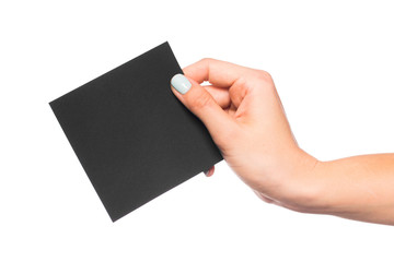 female hand isolated on white background holding card  with text place  - Image