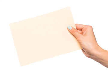 Obraz premium female hand isolated on white background holding card with text place - Image