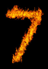 Number 7 font in burning fire isolated on dark background for numeric design purpose
