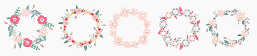 Set of beautiful pink floral wreaths with leaf and flowers. Round cute frame with your text. Design element for invitations, greeting cards, bunners and more