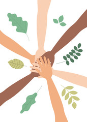 Happy Friendship Day web banner illustration of friends hands together in circle shape. People group hand round with diverse helping team.